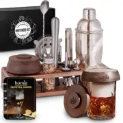 Bartender Kit With Whiskey Smoker - 13 Pcs, Pine Stand - Bar Set With Cocktail