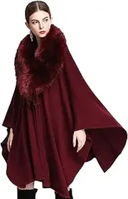 [BAILEYU] Women Knit Cape Coat Cardigan Shawl Wrap Stole Cloak Poncho with Elegant Faux Fox Fur Collar for Wedding Party,Red
