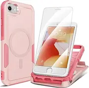 MHYALUDO for iPhone SE Gen 3rd 2022/2nd 2020 Case, iPhone 8/7 Case, with 2X Tempered Glass Screen Protector, 360° Full Body Shockproof Heavy Dropproof,Hard PC & Soft TPU 2 in 1 Design, Rouge Pink