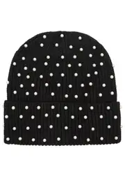 Lele Sadoughi Black Faux Pearl-embellished Ribbed Beanie ONE SIZE