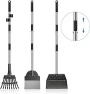 Kakeyrun 3-in-1 Dog Pooper Scooper Set, Tray Rake, and Spade 3 Pack Poop Scoop Adjustable Long Handle Metal with Tray for Pet Waste Removal, No Bending Clean Up for Small Medium Dogs (Black)