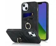 Full Protection Cover for iPhone 14, 2 Cards PU Leather Case with Ring Holder - Black