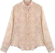 [Sweejim] Women Summer Shirts Tops Vintage Print Chiffon Loose Long Sleeve Blouses