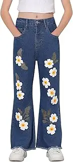 [MyFav] Girls' Jeans Bootcut Cute Floral Stretch High Waist Flare Casual Denim Pants with Pocket