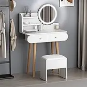 ALFORDSON Compact Dressing Table and Makeup Stool Set White Colour, Small Vanity Desk with LED Mirror & Drawers, Dresser Organiser for Women Bedroom Dress Room