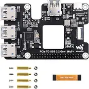 Waveshare PCIe to USB 3.2 Gen1 HAT for Raspberry Pi 5, PCIe to USB HUB, 4X High Speed USB Ports, No Driver Required, Plug and Play, HAT + Standard