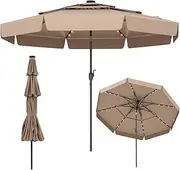 Costway 3m Solar Patio Umbrella w/ 32 LED Lights, 3-Tier Vented Top, Ruffles, Tilt Adjustment, Easy Crank, 8 Ribs, Outdoor Yard Poolside Deck Beach Lawn Market Sunshade, Heavy-Duty Table Parasol
