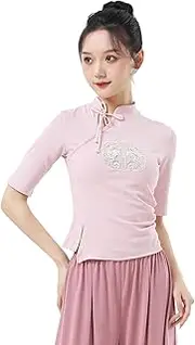 [Angcoco] Women's Mandarin Collar Embroideried Short Sleeved Tops