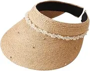 [HAMKVBPR] Women Visor Hat Women's Straw Hat Rhinestone Pearl Hollow Top Cap Summer Outdoor