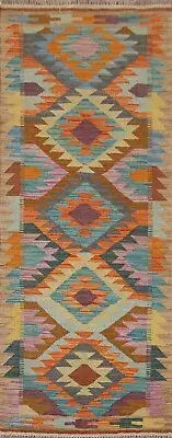 Tribal Traditional Kilim Geometric Flat Woven Wool Reversible Runner Rug 2'x7'