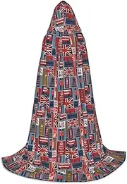 SKKNT England Symbols Print Halloween Hooded Cloak Full Length Cape With Hood For Men And Women For Carnival