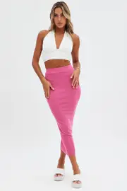 Pink Midi Skirt Front Split Jersey - Size 12, Women's Midi Skirt