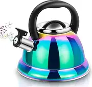 Whistling Tea Kettle for Stovetop, 3.5L Stainless Steel Tea Pot with Cool Ergonomic Folding Handle, Rainbow Induction Kettles for Boiling Water, Mirror Finish