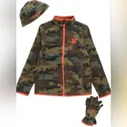 Hurley big kids camo fleece jacket hat and gloves set size large NWT