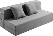 [JKMAX] Queen Size Folding Sofa Bed - 4 in 1 Futon Chair with Two Pillows - High Density Memory Foam Futon Couch - Convertible Foldable Mattress with Washable Modern Linen Cover sofa (Light Grey)