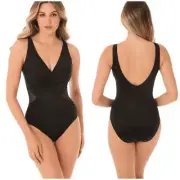 Miraclesuit NWT Crossover With Mesh One Piece Swimsuit Black Size 12 Bra Top A-D
