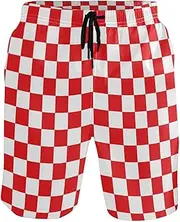[GuoChe] Men's Beach Shorts Chess Board Red White Plaid Quick Dry Swimwear Board Shorts Mens Swim Trunk Mesh Lining