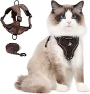 Cat Harness and Leash Set, Upgraded Escape Proof Adjustable Vest with Lead for Large Cat Small Dog Puppy Outdoor Walking, Soft Breathable Mesh Jacket with Reflective Strips for Dark Night L Brown