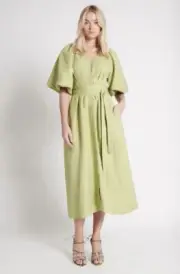 BNWT AJE Size AU 4 /UK US 0 Evermore Midi Dress Bay leaf Green Puff Sleeve