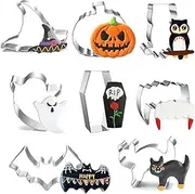 8Pack Halloween Cookie Cutter Set, Large Stainless Steel Biscuit Molds with Pumpkin, Witch Hat, Bat, Cat, Ghost, Coffin, Vampire Teeth, Owl for Halloween Birthday Party Cake Decoration