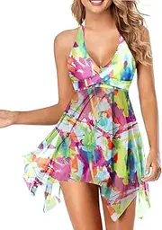[Holipick] Two Piece Swim Dress Womens Tankini Swimsuits Halter Bathing Suit Dress Mesh Tankini Top with Boyshorts