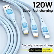3 In 1 Design For Mac 120W USB C Multi Fast Charging Cable 3in1 Multiple Phone Charger Cable USB C Multi Cable With Type C/Micro USB/IP For Samsung S23 S22 S21
