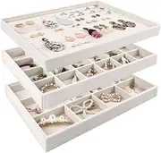 Mebbay Large Stackable Velvet Jewelry Trays Organizer, Jewelry Storage Display Trays for Drawer, Earring Necklace Bracelet Ring Organizer, Set of 3 (Warm White), 13.8" x 9.5" x 1.18"