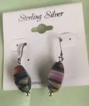 Sterling Silver And Navy Blue Multi Color Millefiori Oblong Earrings-NWT