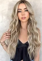 Bestswitch 26 Inch Long Blonde Wigs for Women, Natural Synthetic Hair, Ombre Blonde Wig with Dark Roots, Synthetic Wig, Loose Wavy Wigs, Heat Resistant