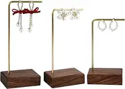 GemeShou 3pcs wooden dangle earring stand holder, hoop earring displays for selling jewelry, mini brass earring hanger【Walnut brass earring stand set-3pcs】