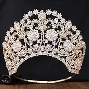 [Generic] Baroque Round Bridal Crown Pageant Miss Tiaras Flower Rhinestones Big Headdress Bride Wedding Diadem