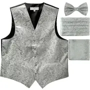 New Men's Paisley Tuxedo Vest Waistcoat & Cummerbund & Bow tie & Hankie Silver