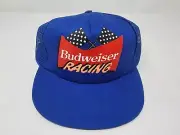 VINTAGE NOS Budweiser Racing Hat Cap Snap Back Blue Stylemaster Trucker Mesh