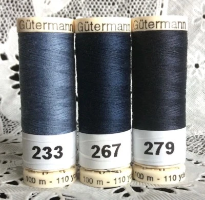 3 NEW different Blue colors GUTERMANN 100% polyester thread 110 yard spools