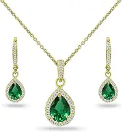 [B. BRILLIANT] Sterling Silver Genuine, Simulated Gemstone Halo Dainty Pear Teardrop Necklace & Earrings Jewelry Set for Women Girls with Gift Box