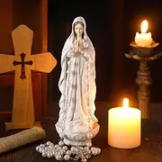 Wonderjune Our Lady of Lourdes Statue Figurine 8'' Bright Ivory Virgin Mary Statue Blessed Catholic Mother Mary Garden Statue Resin Stone Tabletop Rosary Holder Religious Gifts Decor (Stylish)
