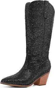 [RONILURN] Women Cowboy Boots Cowgirl Rhinestone Mid Calf Western Boots Sparkly Glitter Boots Bling Pointed Toe Chunky Heel Side Zippers Pull On