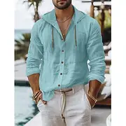Men's Shirt Linen Shirt Summer Shirt Beach Wear Button Up Shirt Plain Vacation Casual Black White Sky Blue Khaki Long Sleeve Collar Spring Summer Clothing App