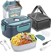 VANEME Electric Lunch Box, Food Heater, 60W High-Power Food Warmer, 12V 24V 220V 3 in1 Portable Heating Lunch Box for Car and Home, with Detachable 304 Stainless Steel Container Fork and Spoon…