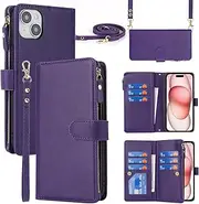 Cavor for iPhone 15 Case 6.1 inch PU Leather Folio Flip Wallet Back Cover Magnetic Case with Long Shoulder Lanyard Zipper Coin Purse 9 Card Holder Kickstand Wristlet Strap-Purple