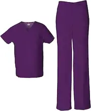 [Dickies] EDS Signature Unisex Scrubs Set 83706 Tuckable V-Neck Top & 83006 Drawstring Pant, Eggplant-3XL Top / 3XL Pant, White, Large Top / Medium Pant