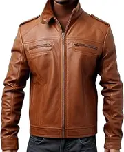 [Sumairah] Mens Blazer Tan Stand Collar Punk Moto Motorcycle Biker Zipper Genuine Leather Jackets