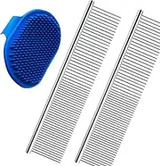2 Pack Pet Hair Grooming Comb and 1 Pack Dog Bath Brush - Pet Stripping Dematting Combs with Rounded Teeth and Non-Slip Grip Handle Stainless Steel for Dogs and Cats Kitty Puppy
