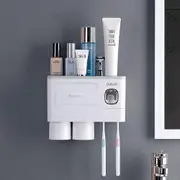Automatic Toothpaste Dispenser with Wall Mounted Toothbrush Holder, 6 Toothbrush Slots, 2 Cups(Gray), Toothbrush Holder Storage Shelf with Toothpaste