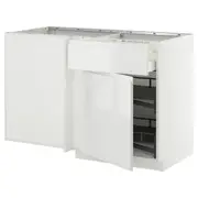 METOD / MAXIMERA corner base cab w drawer and p-out, white/Voxtorp high-gloss/white, 128x68x80 cm