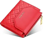 [SUMGOGO] Small Wallet for Women Leather Card Holder Case Bifold Zipper Coin Pocket Purse, Plaid-Red, Minimalist