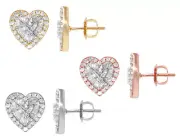 Concentric Hearts Baguette 2 CT real Diamond Cluster Stud Earrings Gold 12MM