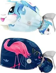 [YTYVAGT] 2-Pc,Nurse Scrub Caps,Scrub Hats with Buttons and Cotton Sweatband,Blue Theme Cartoon Unicorn