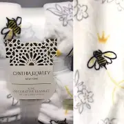 Cynthia Rowley Bee Crown KING Blanket Floral Gray Yellow Black Micro Fleece NEW