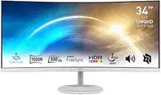 MSI PRO MP341CQW 34" UltraWide Business Monitor, WUQHD 3440x1440, 1500R Curved, VA, Frameless, 100Hz, 1ms, Tilt Compatible, HDR Ready, 2xHDMI&DP Port, Built-in Speakers, VESA, White, 3 Year Warranty